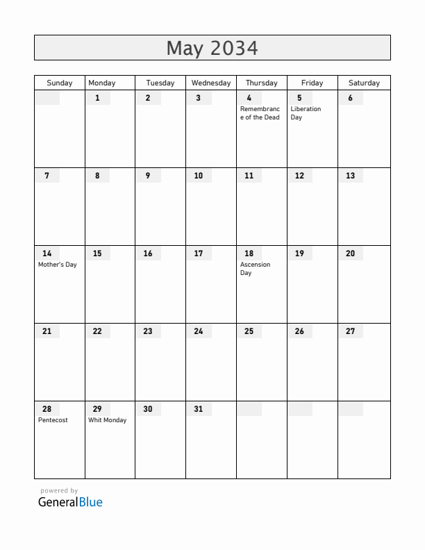 The Netherlands May 2034 Calendar with Holidays