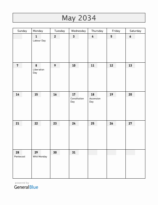 Norway May 2034 Calendar with Holidays
