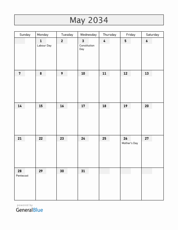 Poland May 2034 Calendar with Holidays