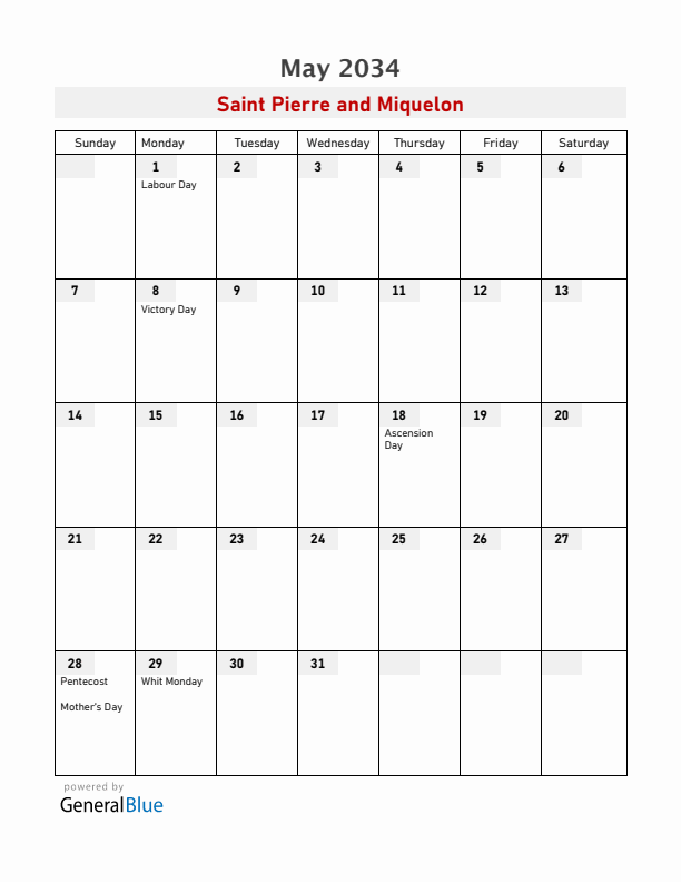 Saint Pierre and Miquelon May 2034 Calendar with Holidays
