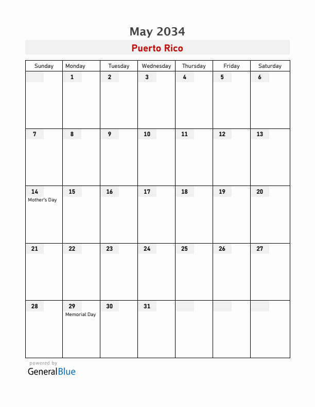 Puerto Rico May 2034 Calendar with Holidays