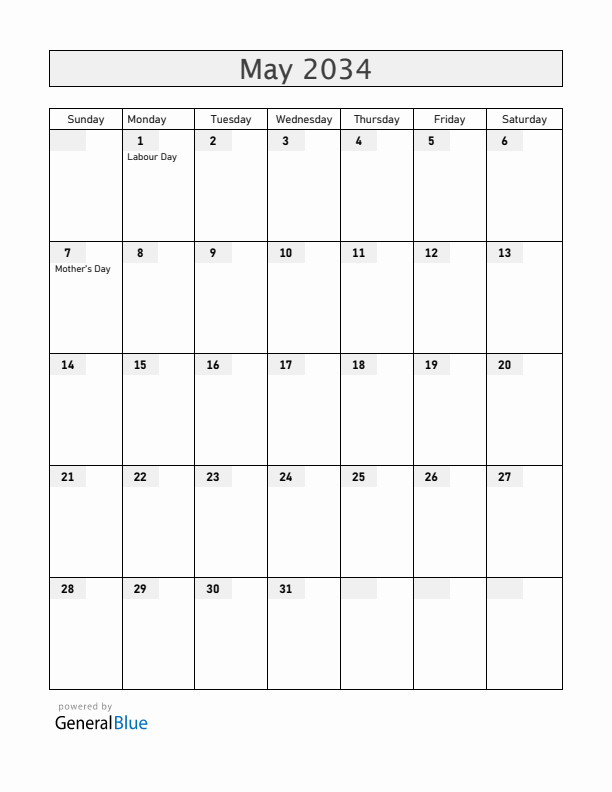 Portugal May 2034 Calendar with Holidays
