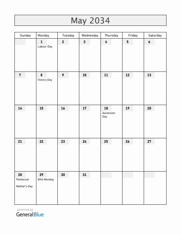 Reunion May 2034 Calendar with Holidays