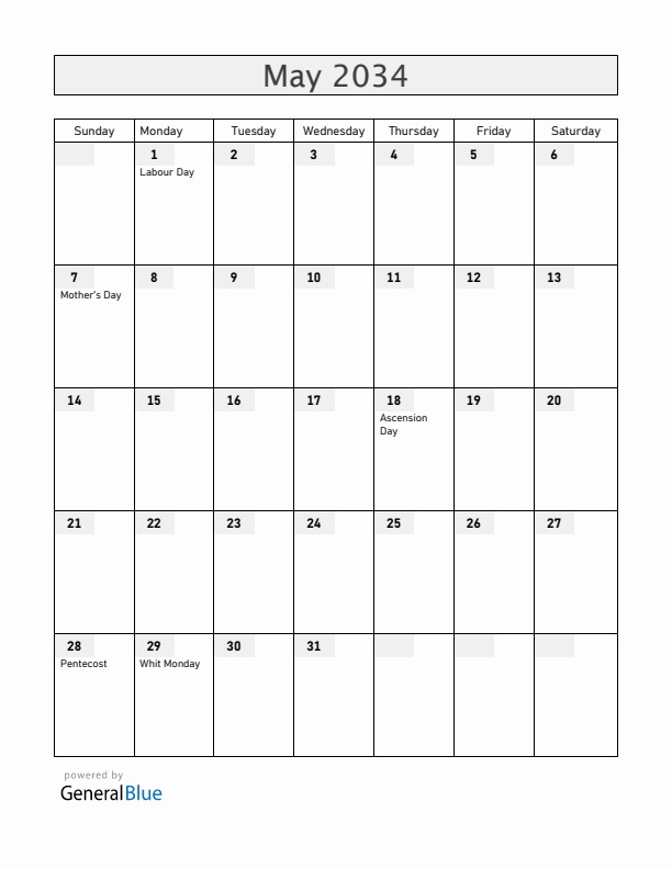 Romania May 2034 Calendar with Holidays