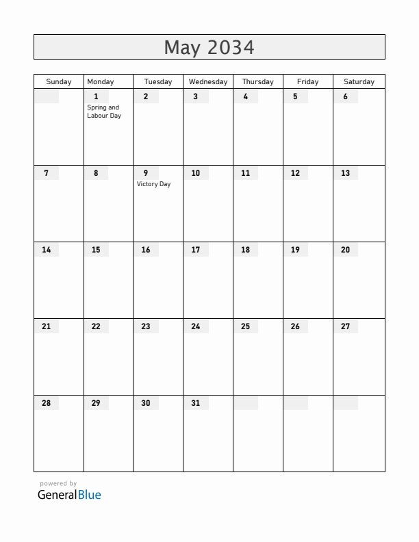 Russia May 2034 Calendar with Holidays
