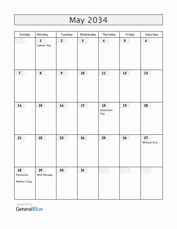 Sweden May 2034 Calendar with Holidays