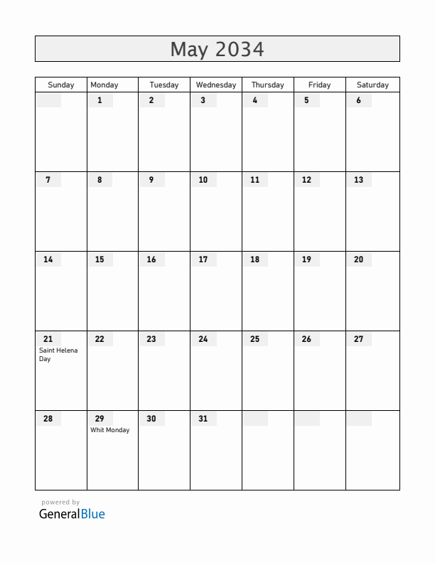Saint Helena May 2034 Calendar with Holidays