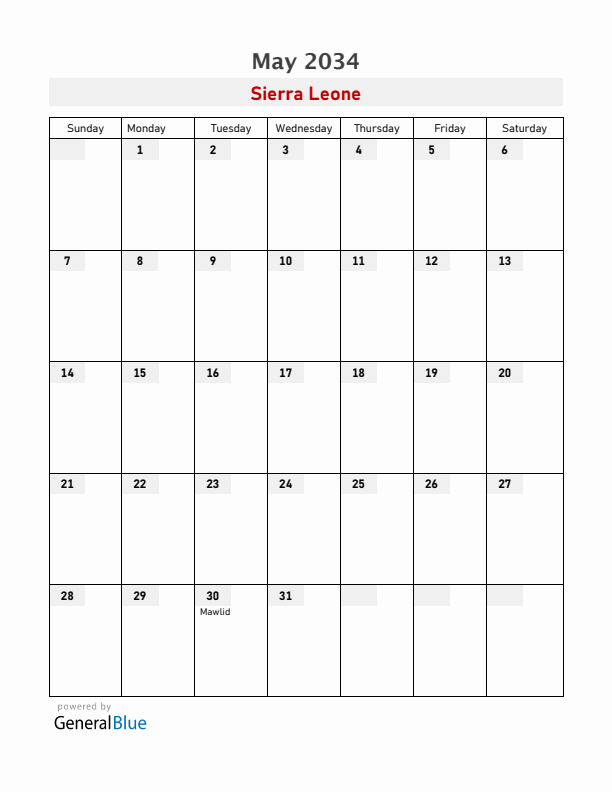 Sierra Leone May 2034 Calendar with Holidays