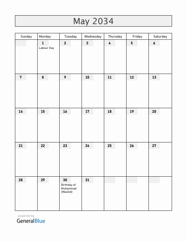 Somalia May 2034 Calendar with Holidays