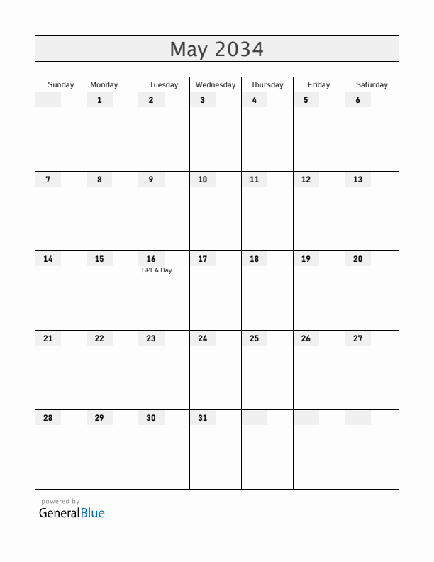 South Sudan May 2034 Calendar with Holidays