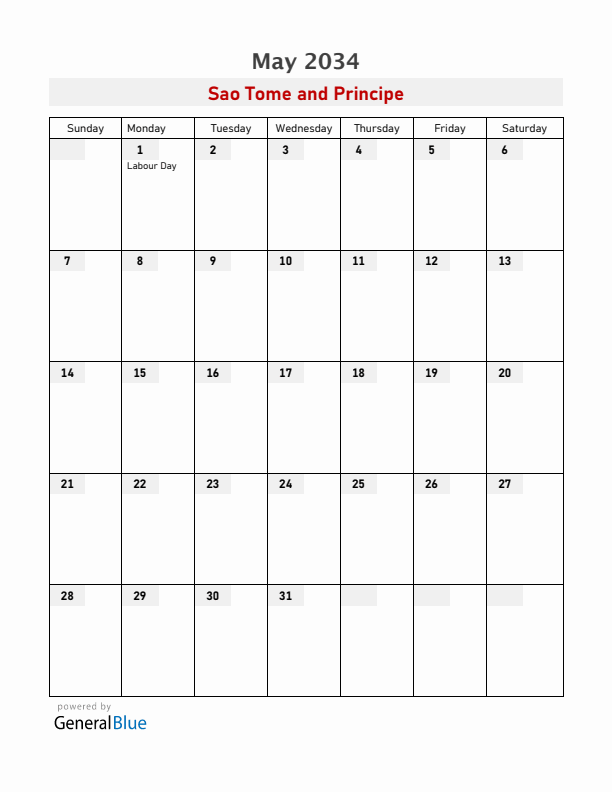 Sao Tome and Principe May 2034 Calendar with Holidays