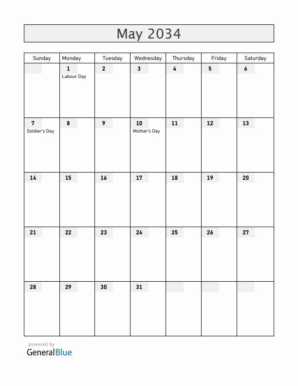 El Salvador May 2034 Calendar with Holidays
