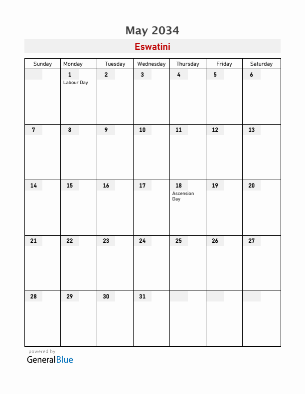 Eswatini May 2034 Calendar with Holidays