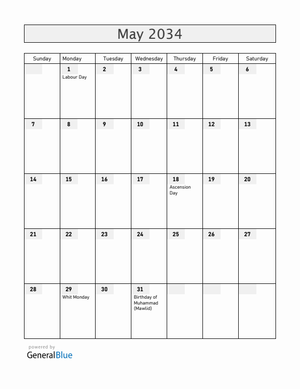 Togo May 2034 Calendar with Holidays
