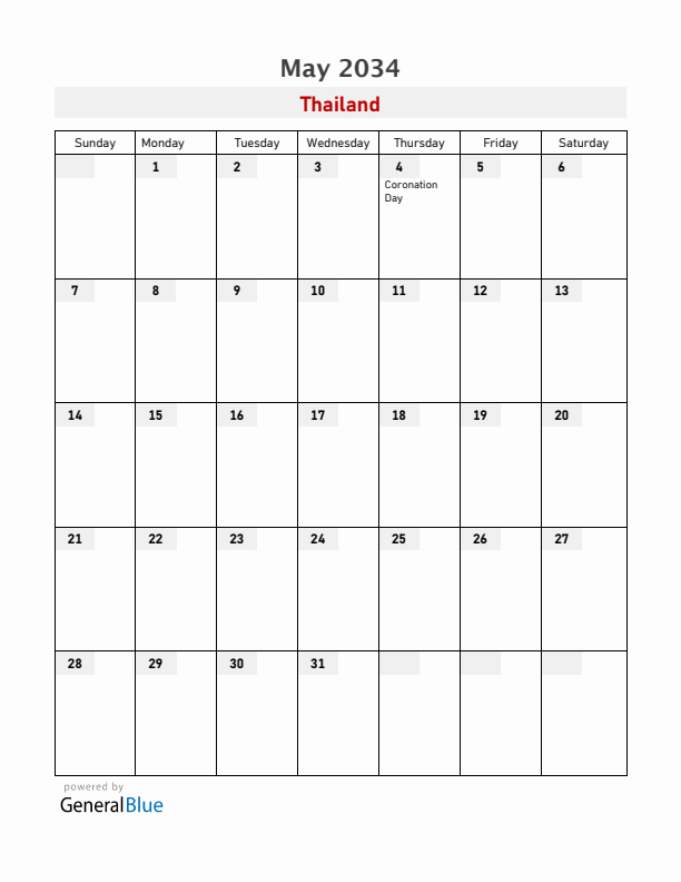 Thailand May 2034 Calendar with Holidays