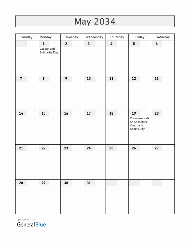 Turkey May 2034 Calendar with Holidays