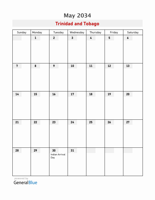 Trinidad and Tobago May 2034 Calendar with Holidays