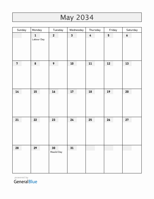 Tanzania May 2034 Calendar with Holidays