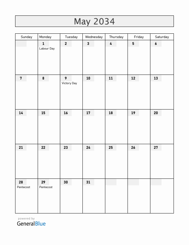Ukraine May 2034 Calendar with Holidays