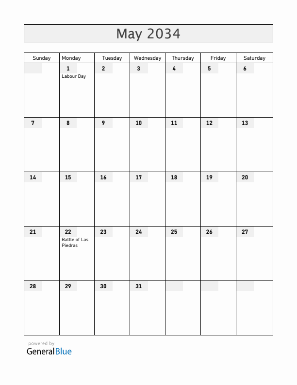 Uruguay May 2034 Calendar with Holidays