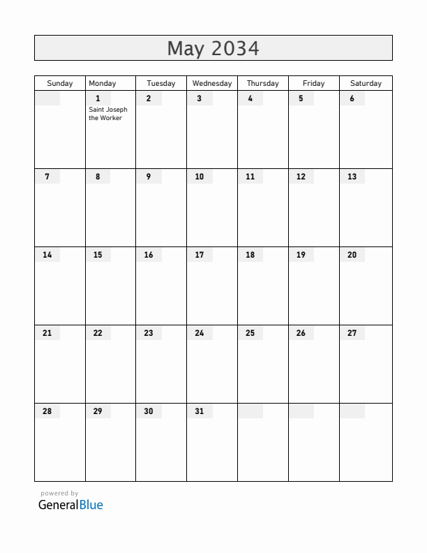 Vatican May 2034 Calendar with Holidays