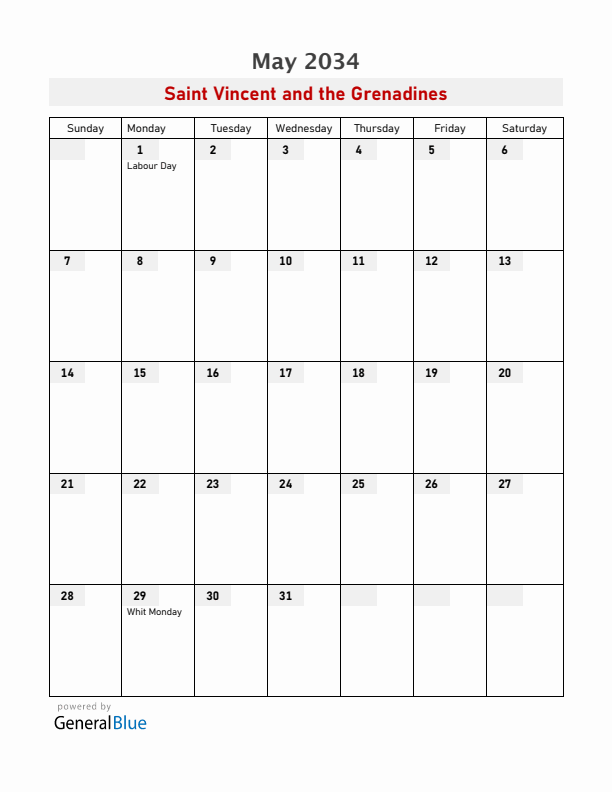 Saint Vincent and the Grenadines May 2034 Calendar with Holidays