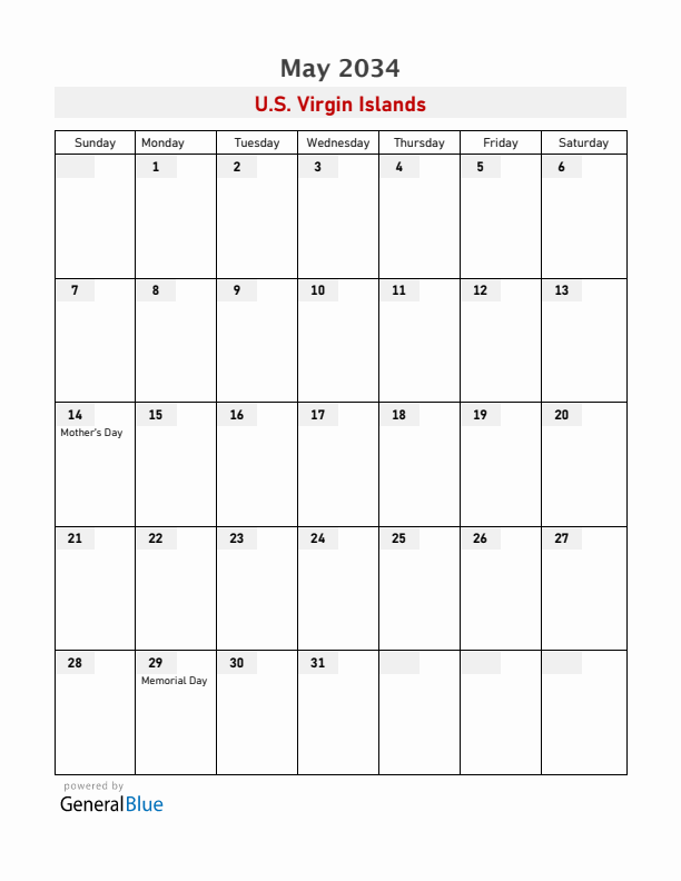 U.S. Virgin Islands May 2034 Calendar with Holidays
