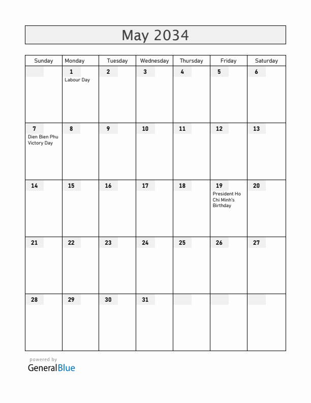 Vietnam May 2034 Calendar with Holidays