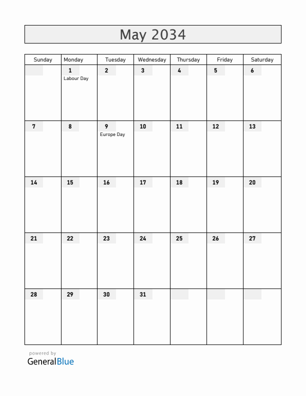Kosovo May 2034 Calendar with Holidays
