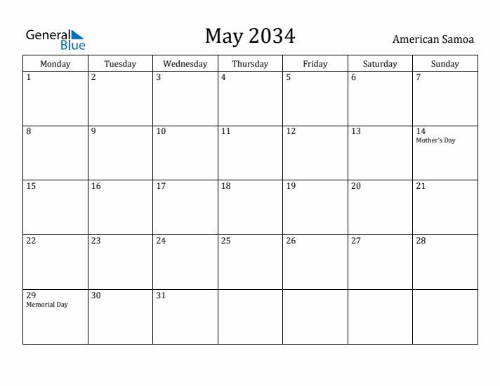 May 2034 Calendar American Samoa