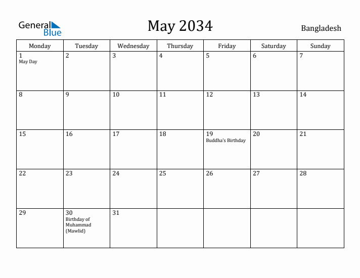 May 2034 Calendar Bangladesh