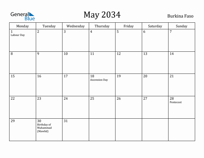 May 2034 Calendar Burkina Faso