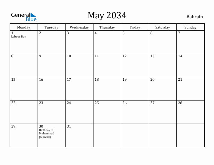 May 2034 Calendar Bahrain