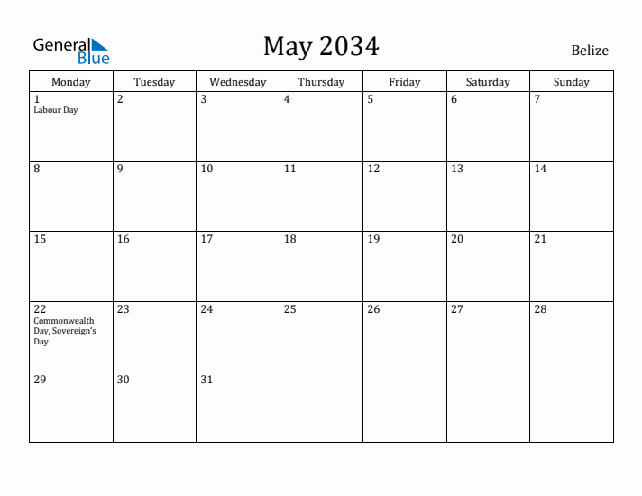 May 2034 Calendar Belize