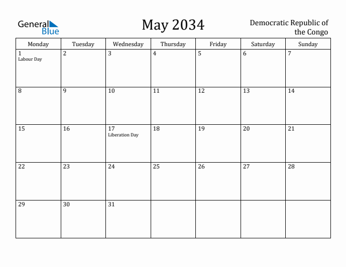 May 2034 Calendar Democratic Republic of the Congo