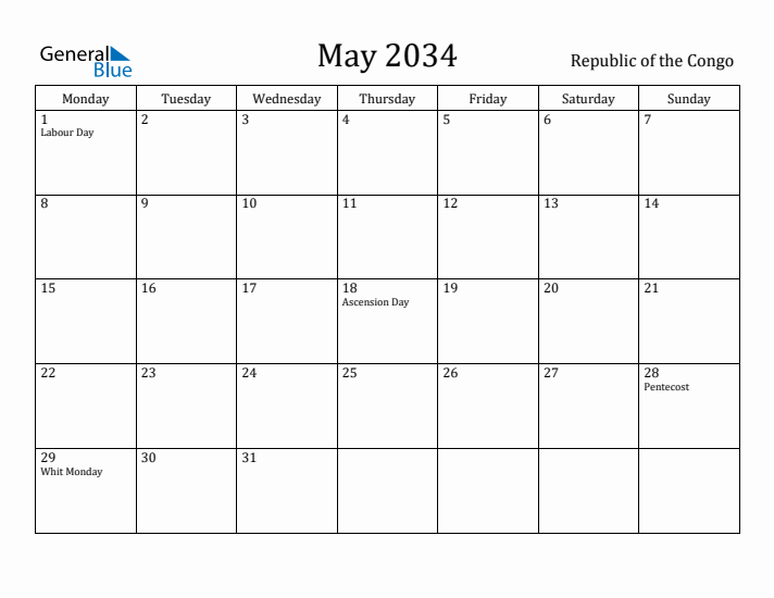 May 2034 Calendar Republic of the Congo