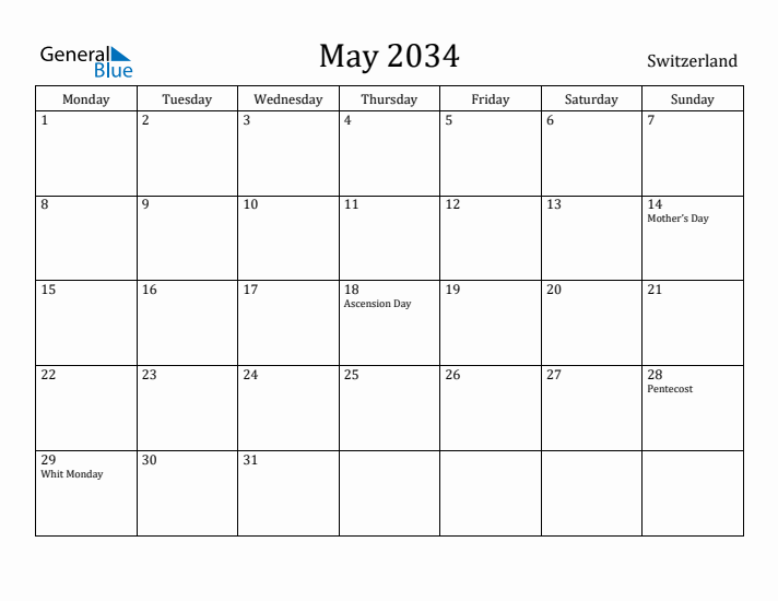May 2034 Calendar Switzerland