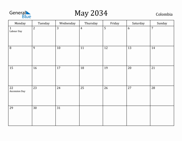 May 2034 Calendar Colombia
