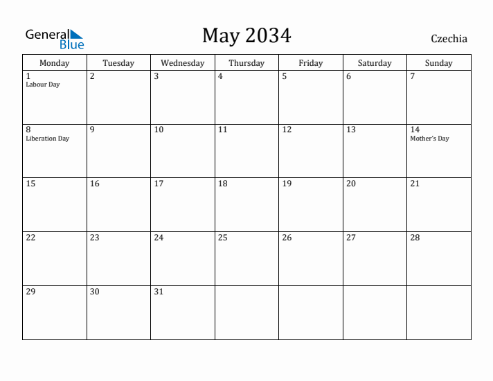 May 2034 Calendar Czechia