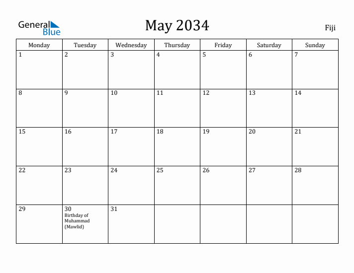 May 2034 Calendar Fiji