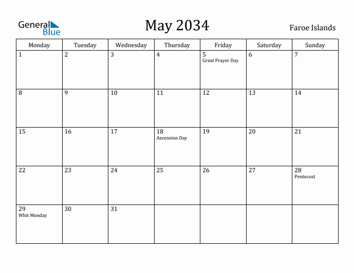 May 2034 Calendar Faroe Islands