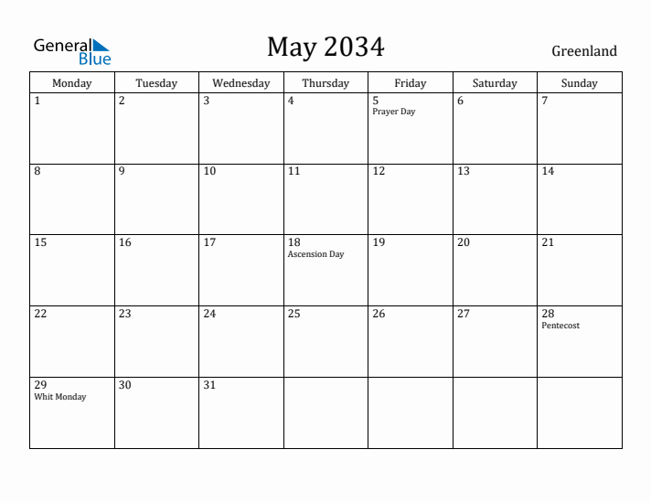 May 2034 Calendar Greenland