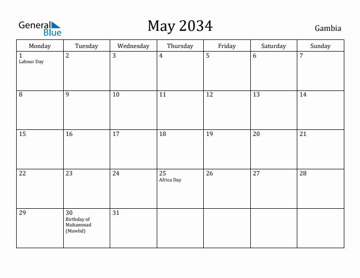 May 2034 Calendar Gambia