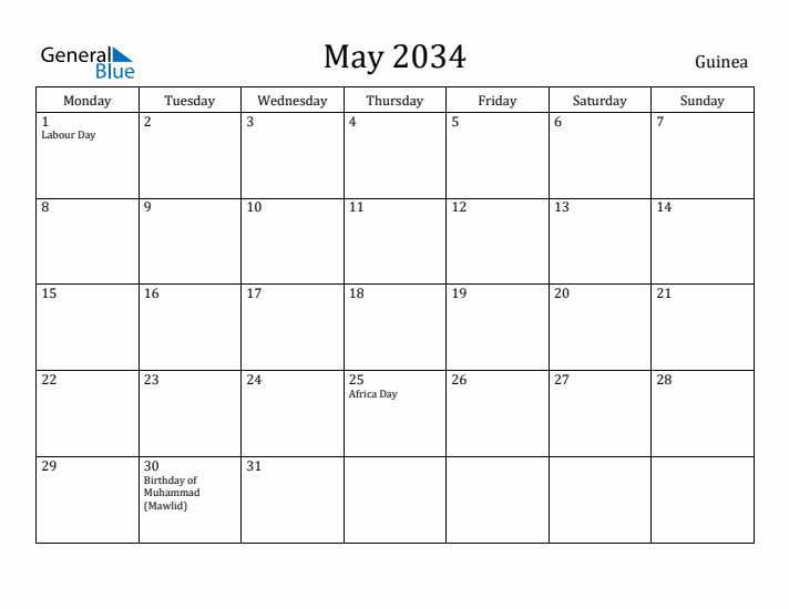 May 2034 Calendar Guinea