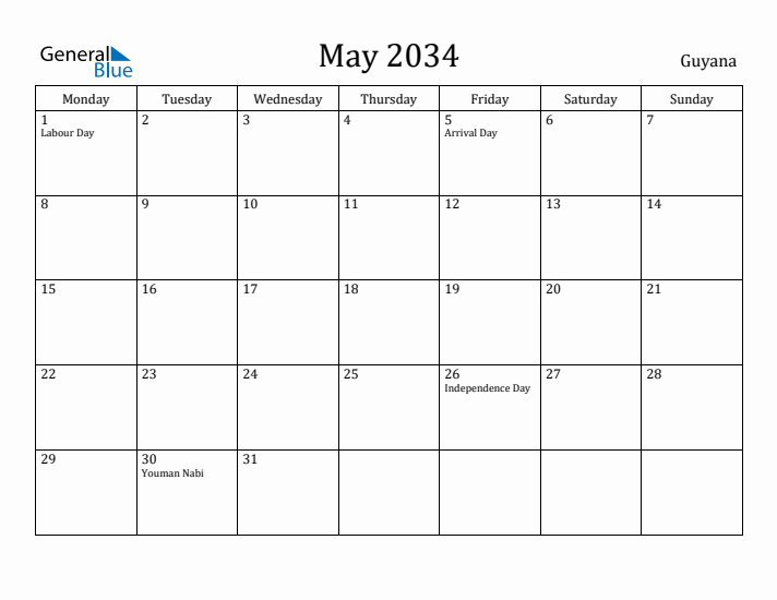 May 2034 Calendar Guyana