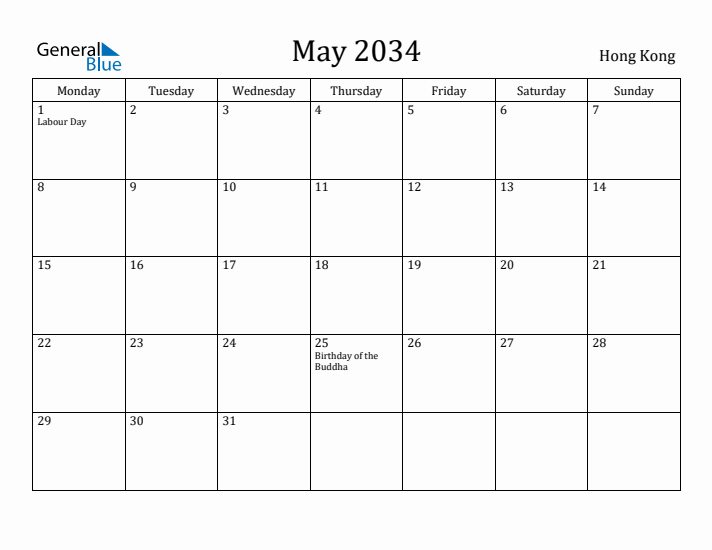 May 2034 Calendar Hong Kong