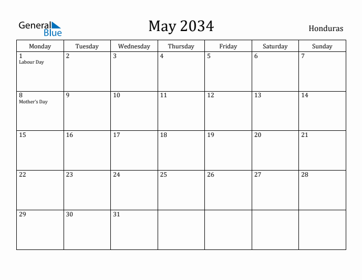 May 2034 Calendar Honduras