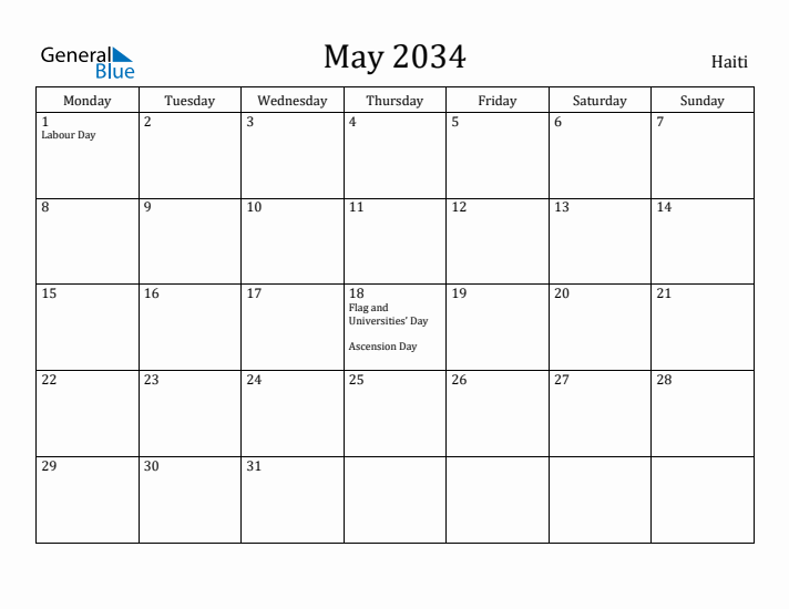 May 2034 Calendar Haiti