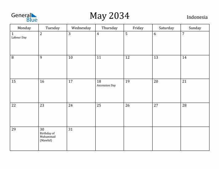 May 2034 Calendar Indonesia
