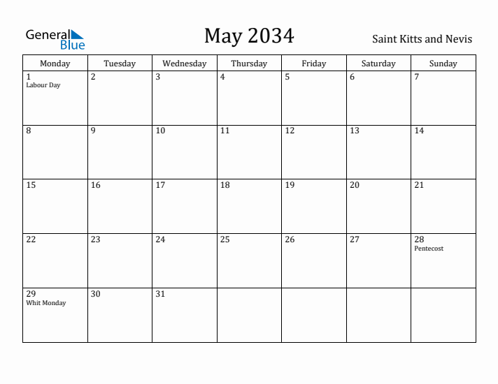 May 2034 Calendar Saint Kitts and Nevis